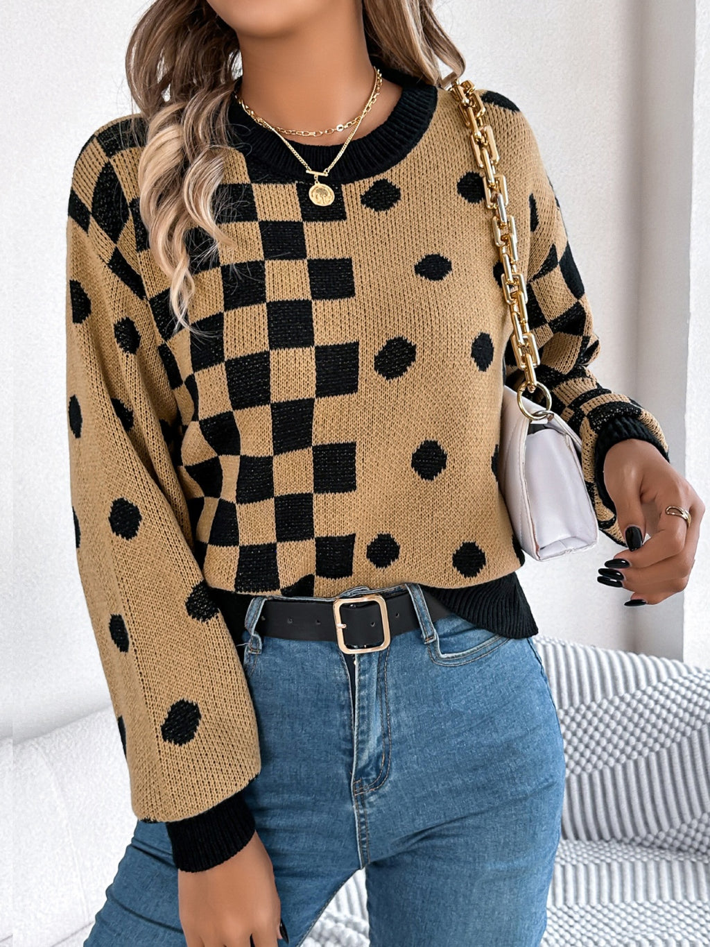 Plaid Round Neck Long Sleeve Sweater - Siennasass