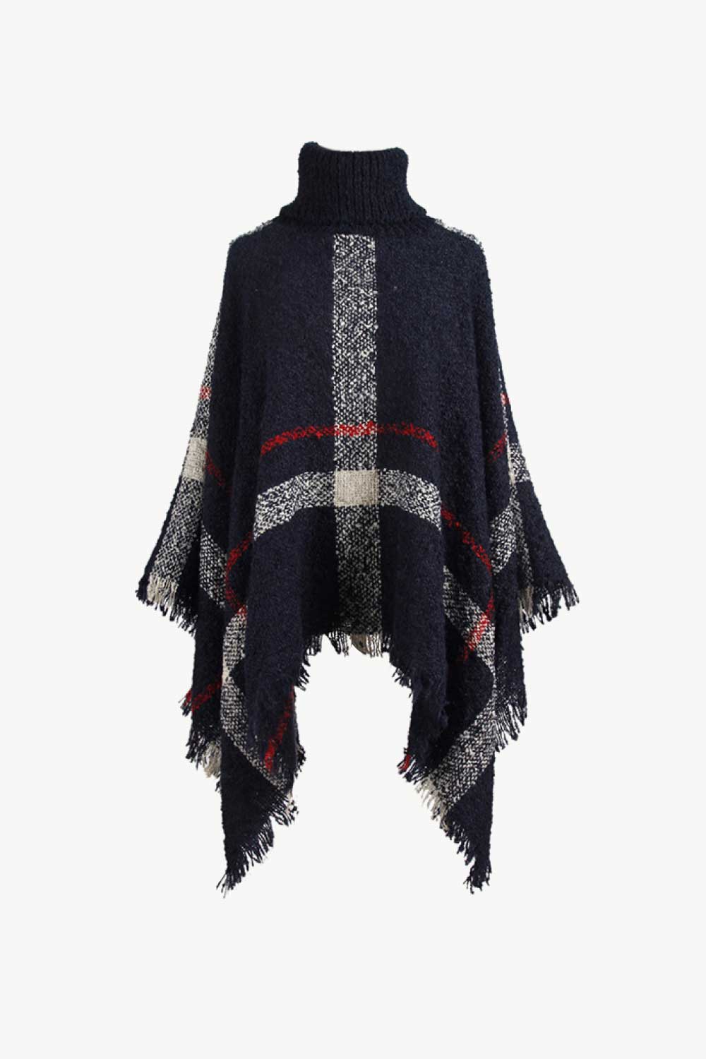 Plaid Turtleneck Raw Hem Poncho - Siennasass