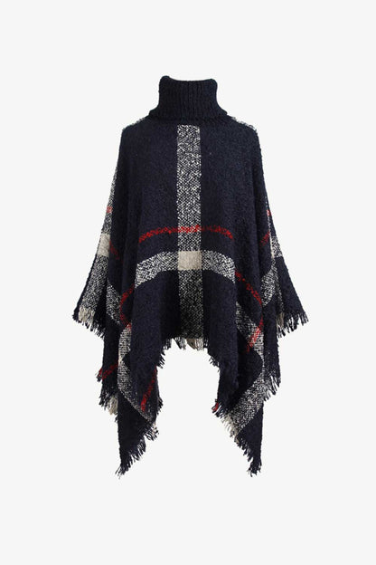 Plaid Turtleneck Raw Hem Poncho - Siennasass