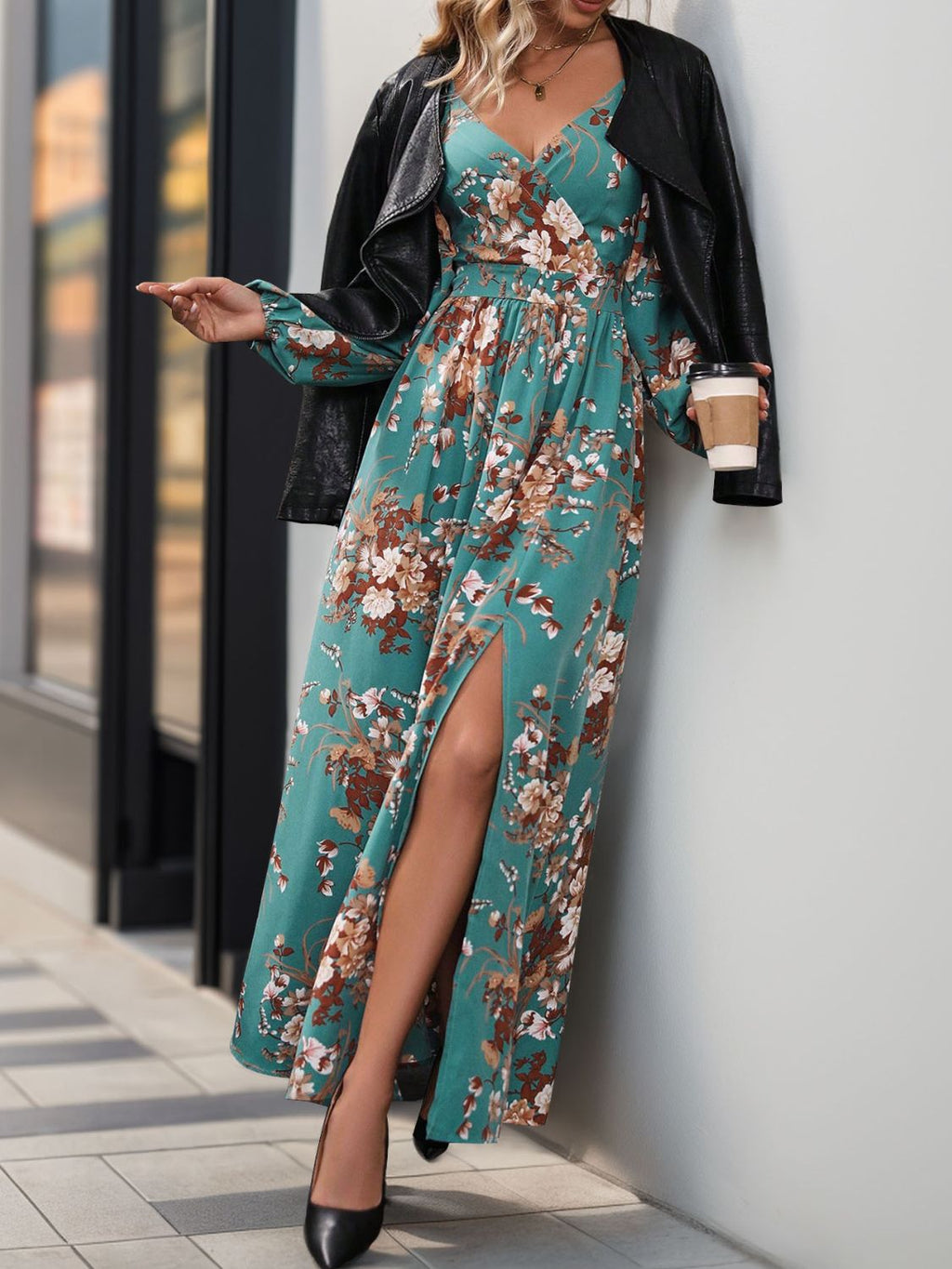 Slit Printed Surplice Long Sleeve Maxi Dress - Siennasass
