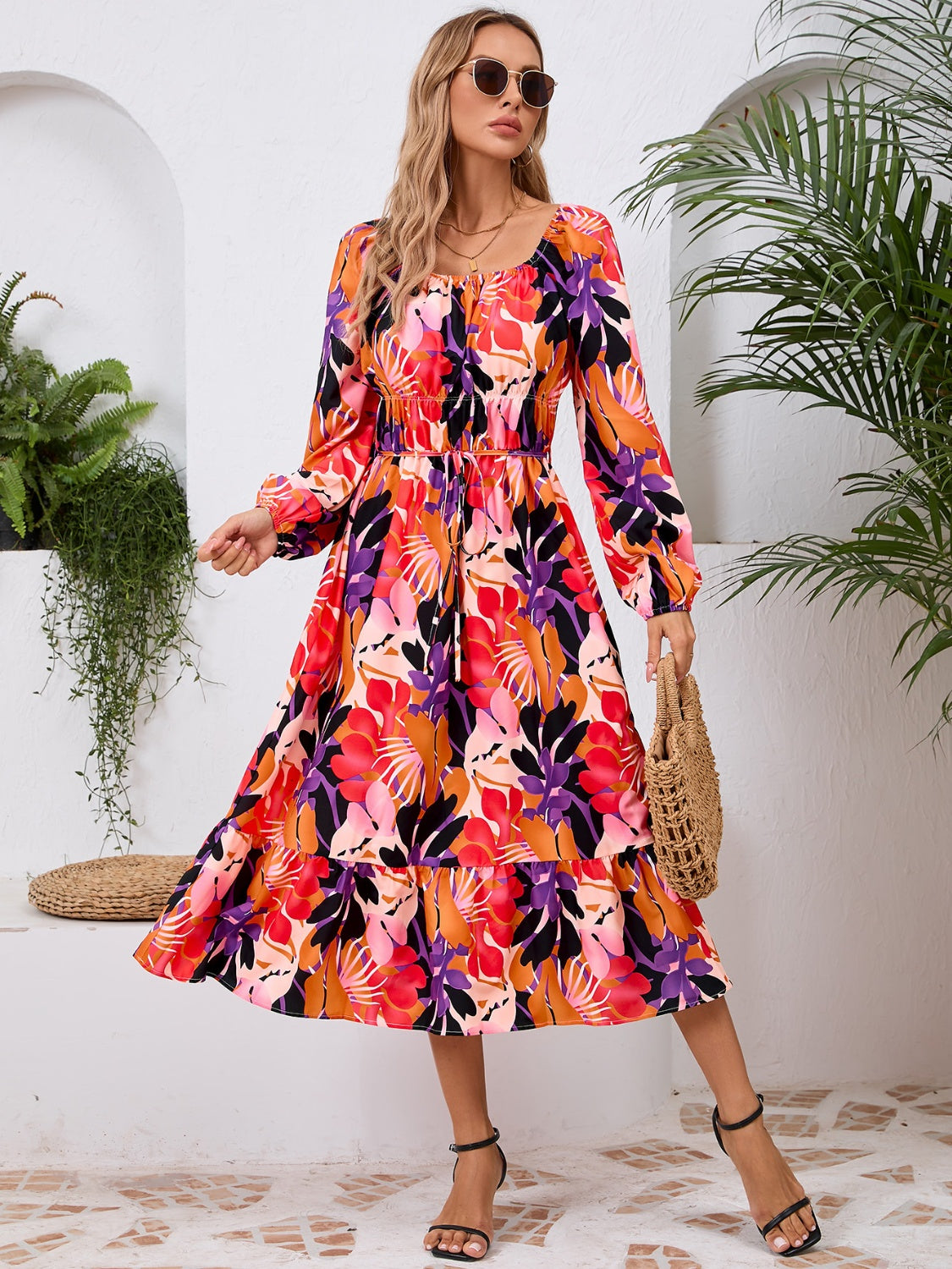 Printed Long Sleeve Midi Dress - Siennasass