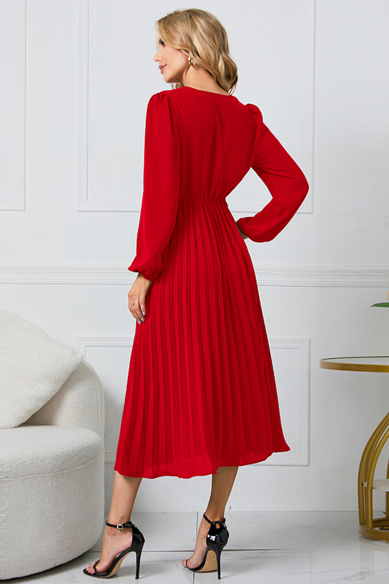 V-Neck Long Sleeve Tie Waist Midi Dress - Siennasass