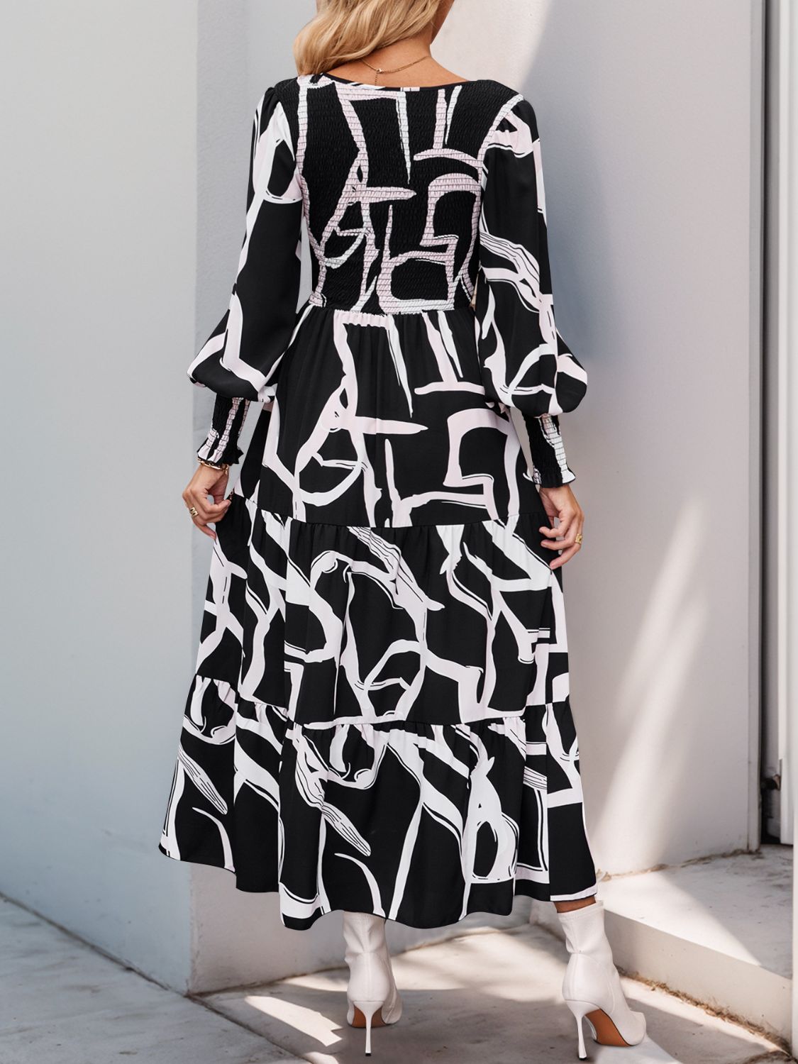 Perfee Smocked Printed Long Sleeve Midi Dress - Siennasass