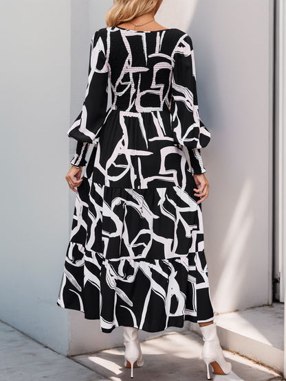 Perfee Smocked Printed Long Sleeve Midi Dress - Siennasass