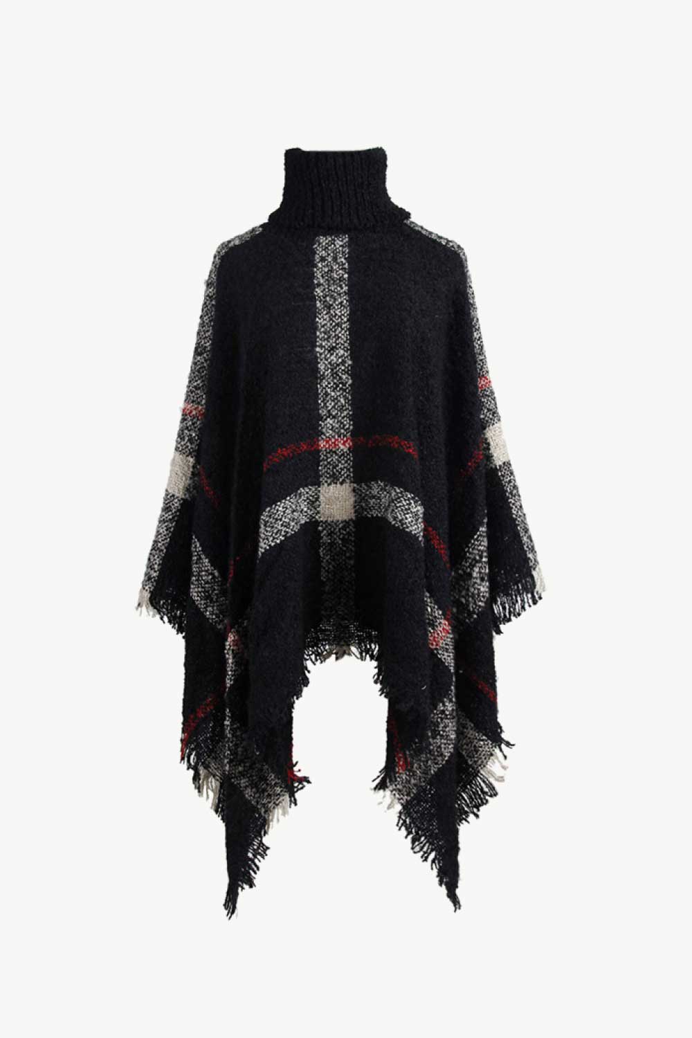 Plaid Turtleneck Raw Hem Poncho - Siennasass
