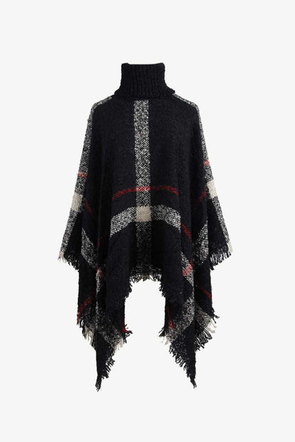 Plaid Turtleneck Raw Hem Poncho - Siennasass