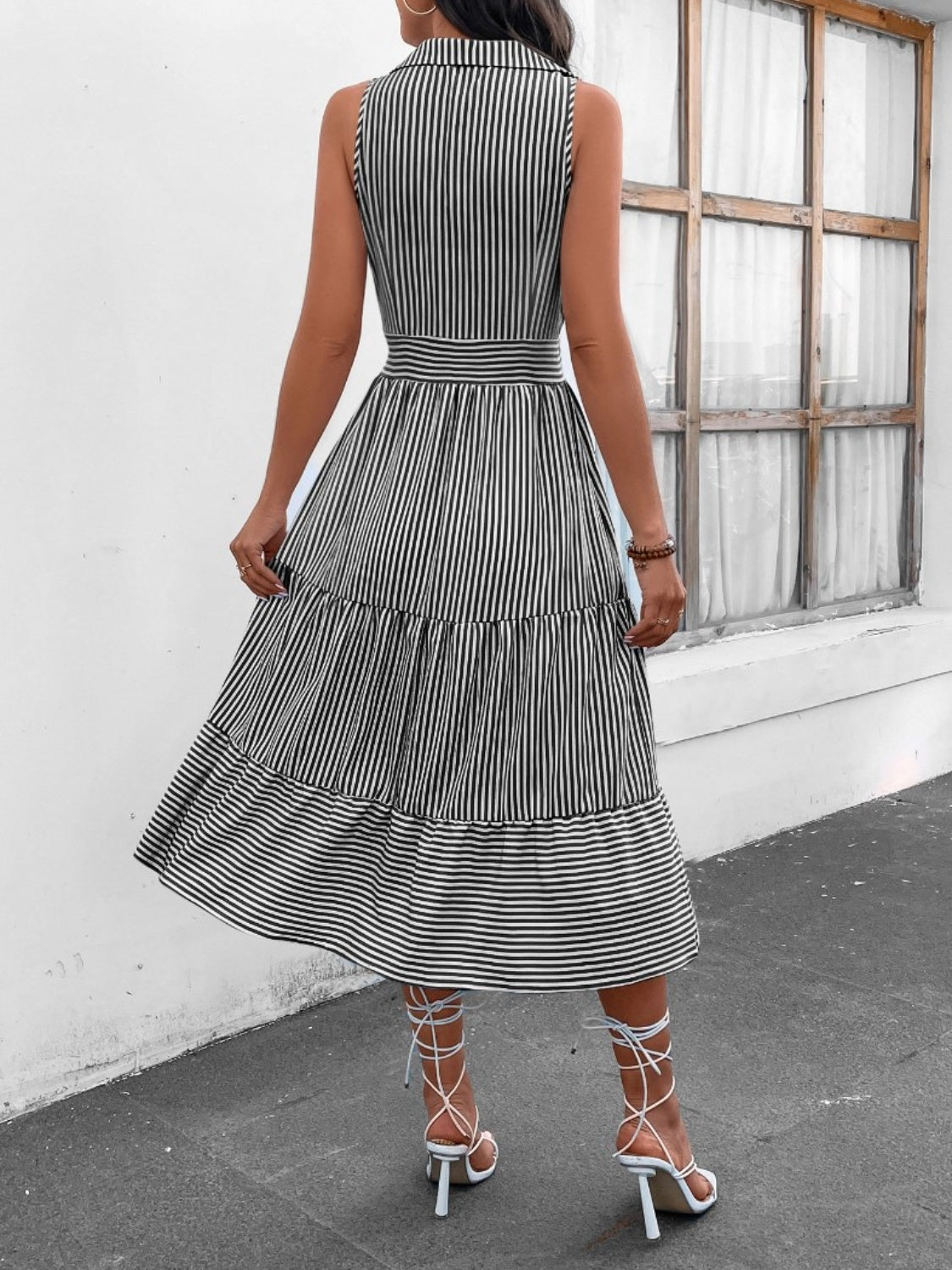 Striped Johnny Collar Sleeveless Midi Dress - Siennasass