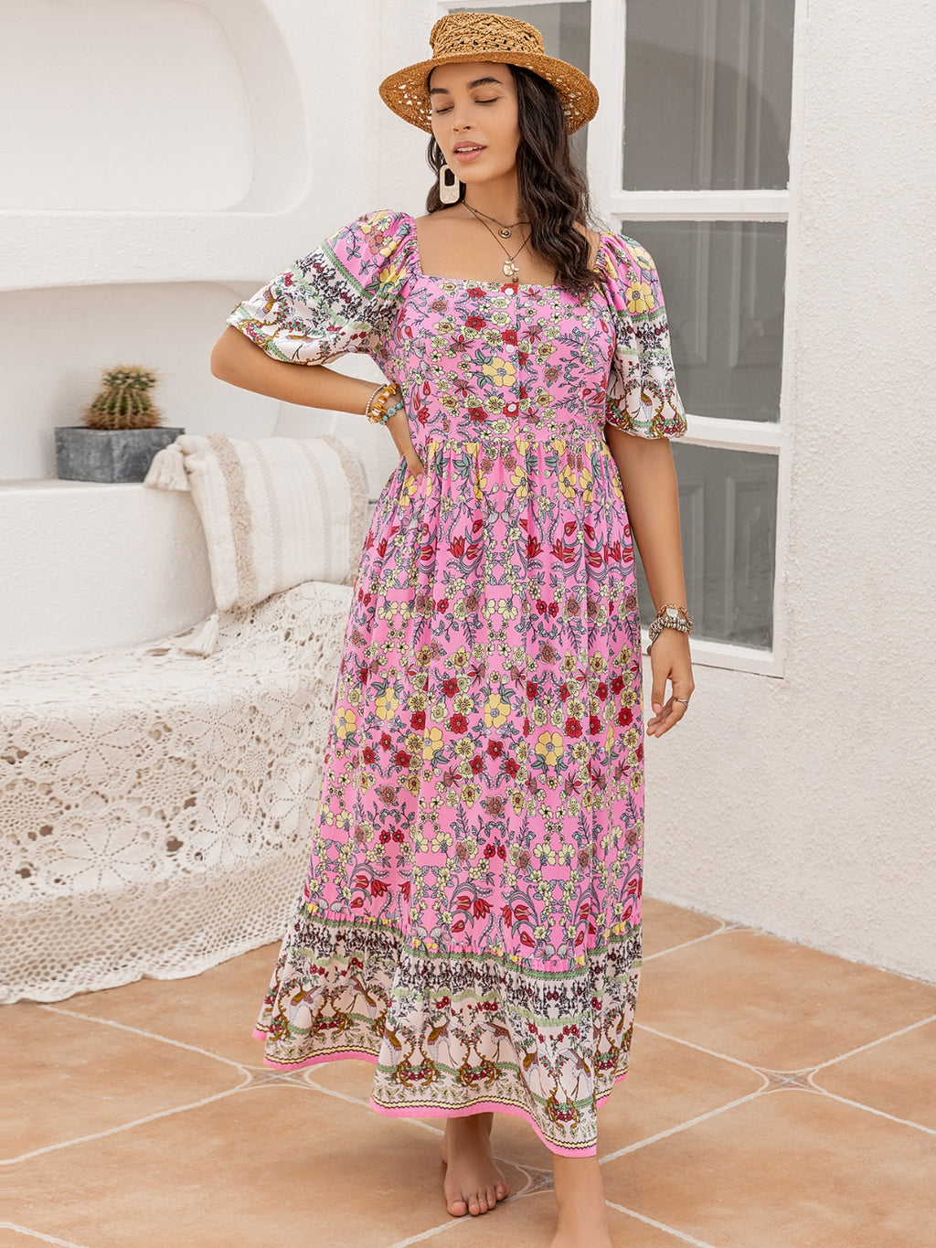 Plus Size Printed Square Neck Ruffle Hem Dress - Siennasass