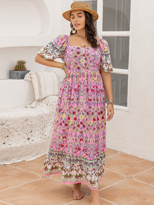 Plus Size Printed Square Neck Ruffle Hem Dress - Siennasass