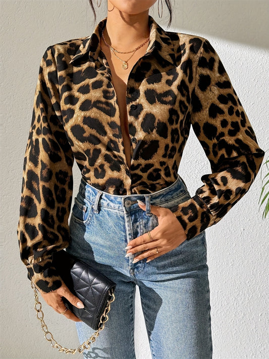 Leopard Collared Neck Long Sleeve Shirt - Siennasass