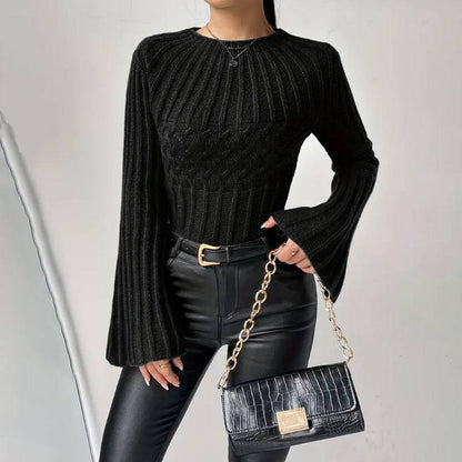 Damen Pullover Mode Pullover Rundhals Ausgestellte Ärmel Top
