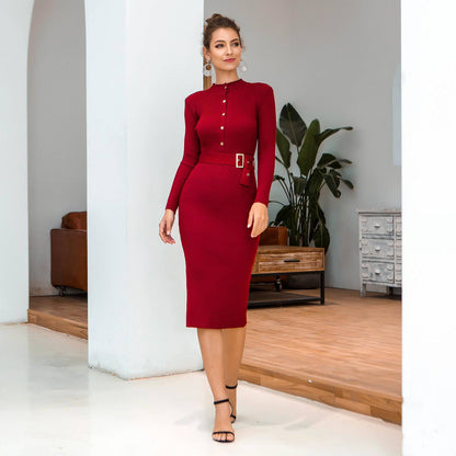 Long Sleeve Single-breasted Knitted Package Hip Sweater Dress