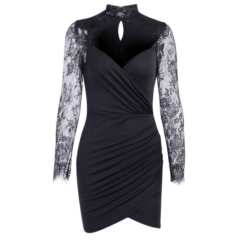 Lace Stitching V-neck Slim Slimming Hip Dress