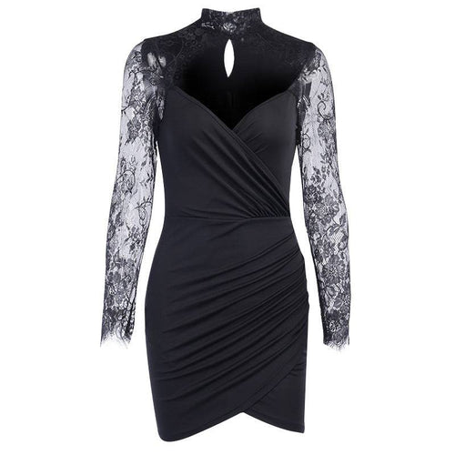 Lace Stitching V-neck Slim Slimming Hip Dress