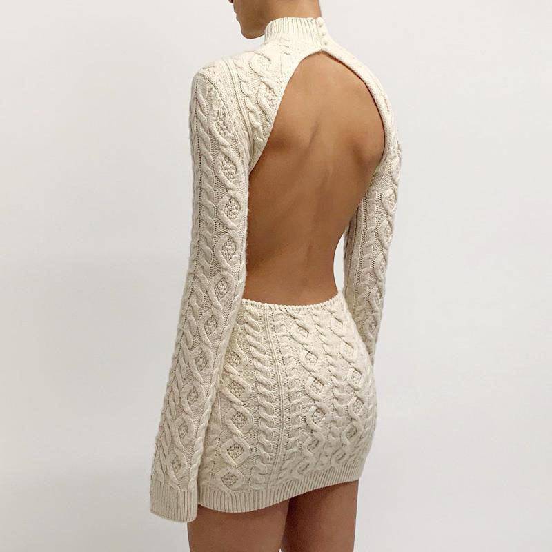 Long Sleeve Round Neck Back Slim Wrapped Sweater Dress