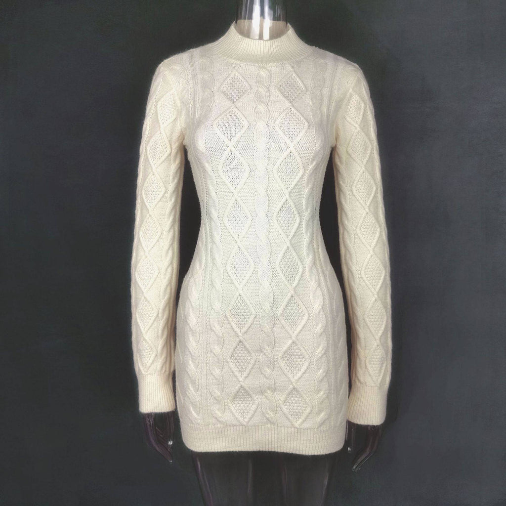 Long Sleeve Round Neck Back Slim Wrapped Sweater Dress