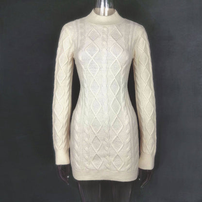 Long Sleeve Round Neck Back Slim Wrapped Sweater Dress
