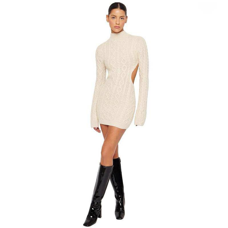 Long Sleeve Round Neck Back Slim Wrapped Sweater Dress