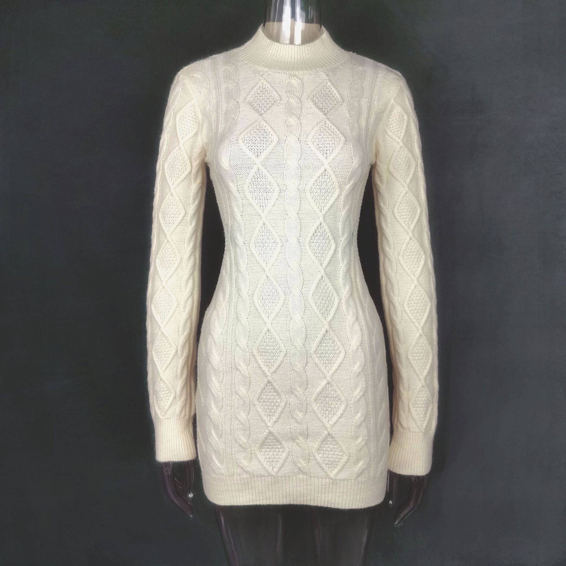 Long Sleeve Round Neck Back Slim Wrapped Sweater Dress