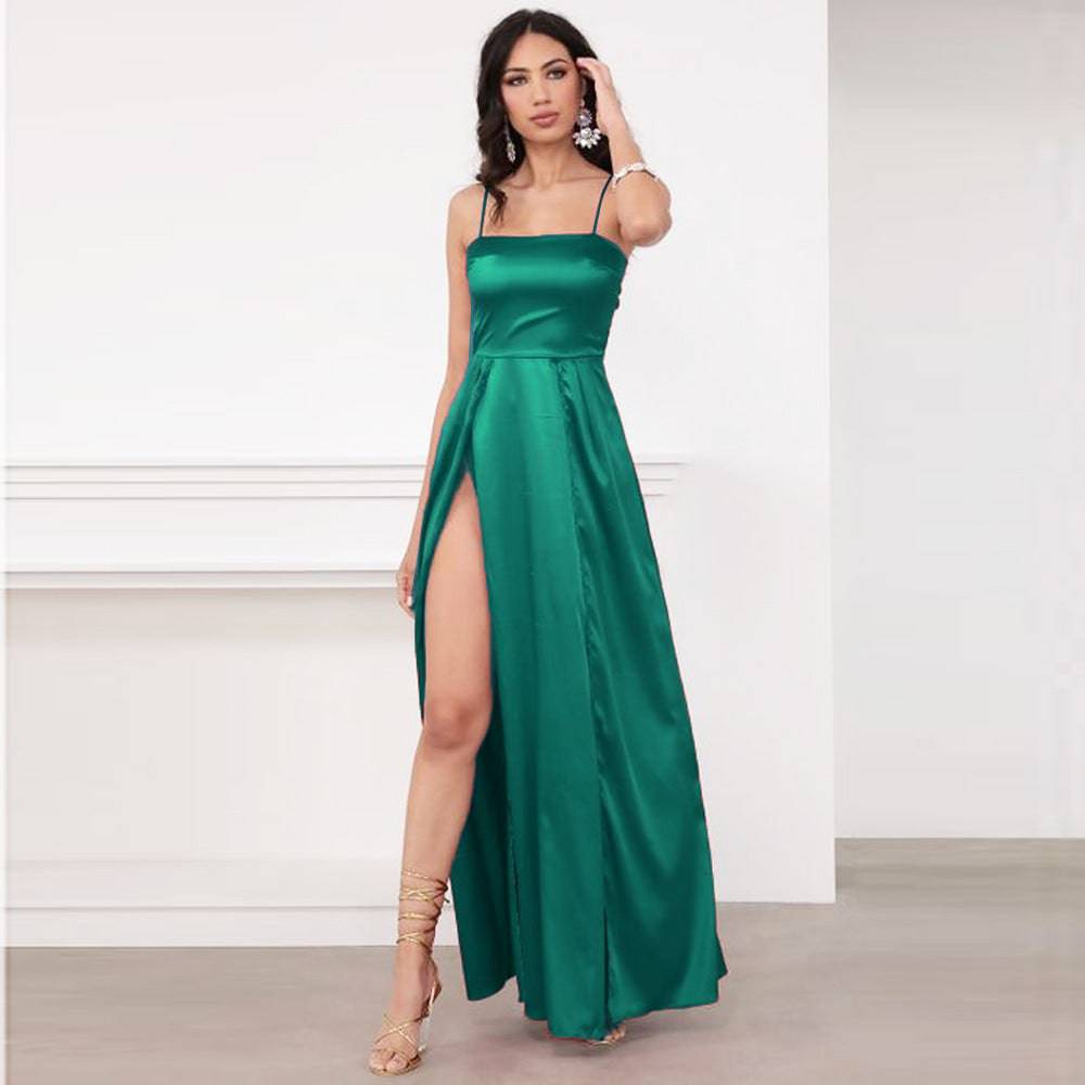 Satin Chest Wrap Backless Slit Dress