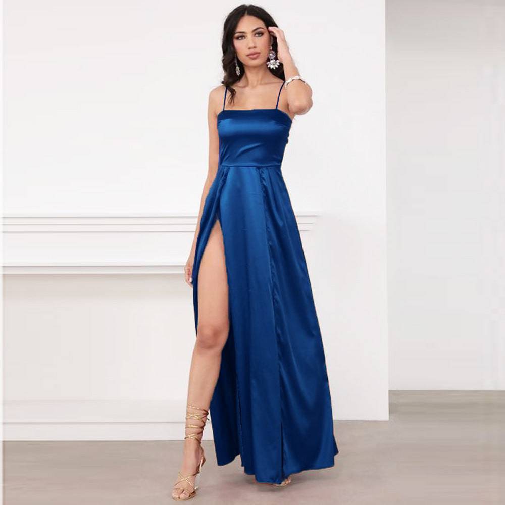 Satin Chest Wrap Backless Slit Dress