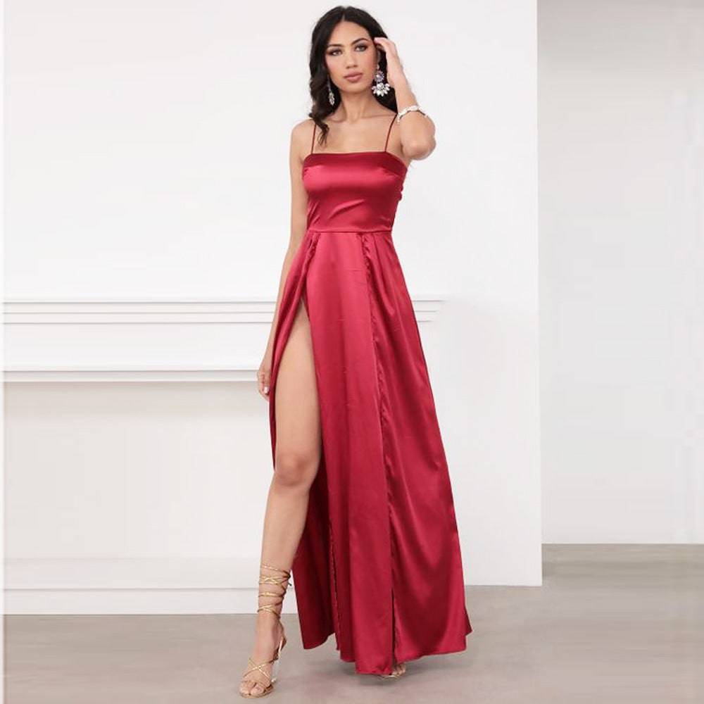 Satin Chest Wrap Backless Slit Dress