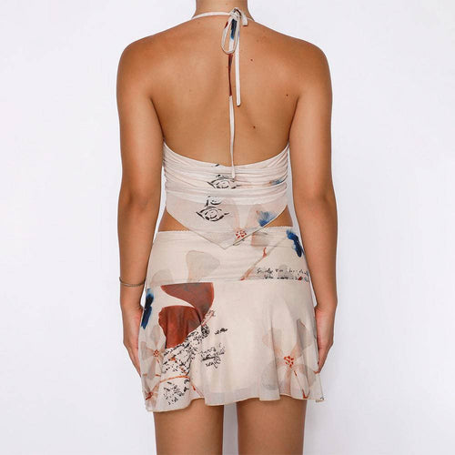 V-neck Halter Top And Pleated Short Skirt Dress