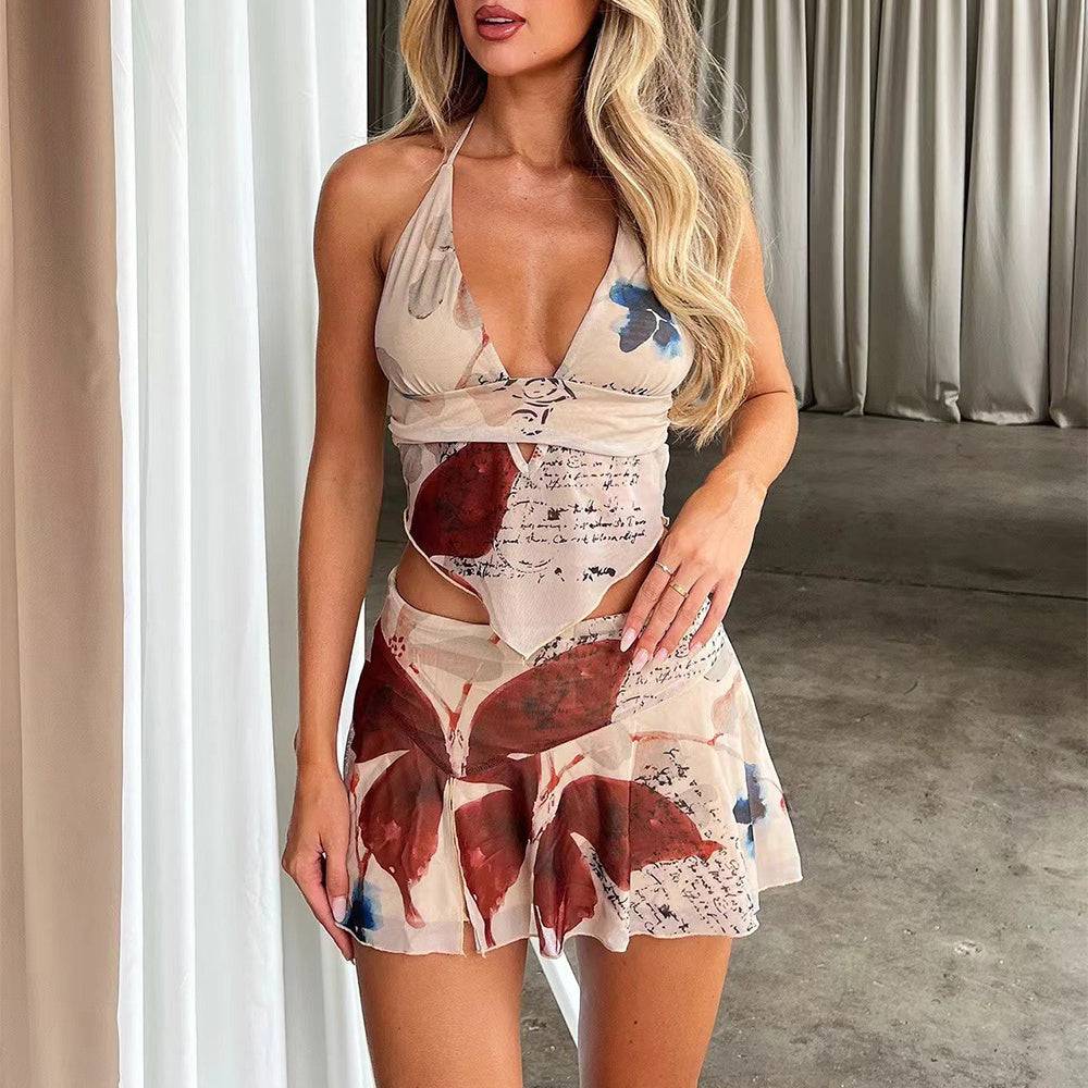 Kleid mit Neckholder-Top mit V-Ausschnitt und kurzem Plisseerock