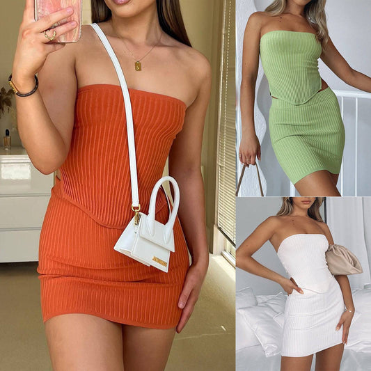 Zweiteilige Outfits Crop Tops Bodycon Rock Sets Minikleid
