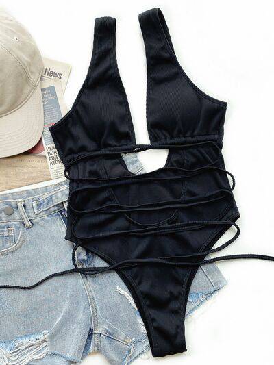 Ribbed Lace Up One-Piece Swimsuit - Siennasass