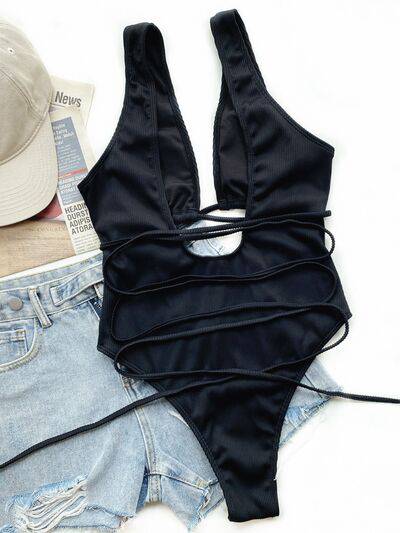 Ribbed Lace Up One-Piece Swimsuit - Siennasass