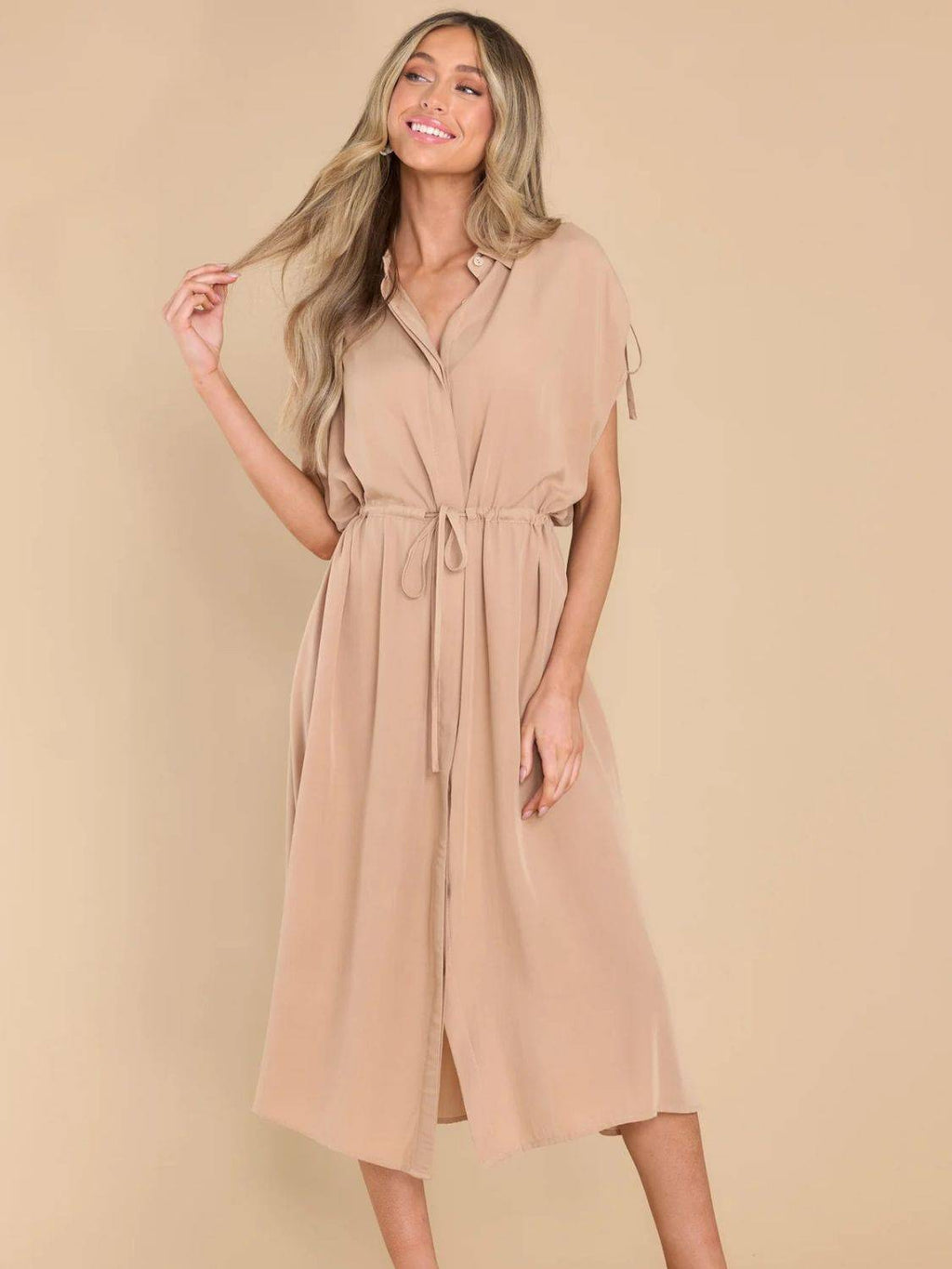 Drawstring Collared Neck Short Sleeve Midi Dress