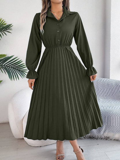 Plissiertes, halbgeknöpftes, langärmliges Midikleid