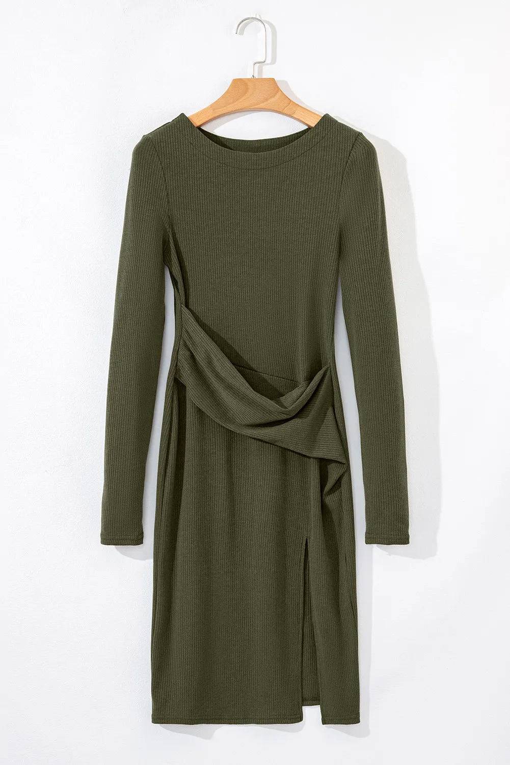 Slit Round Neck Long Sleeve Mini Dress