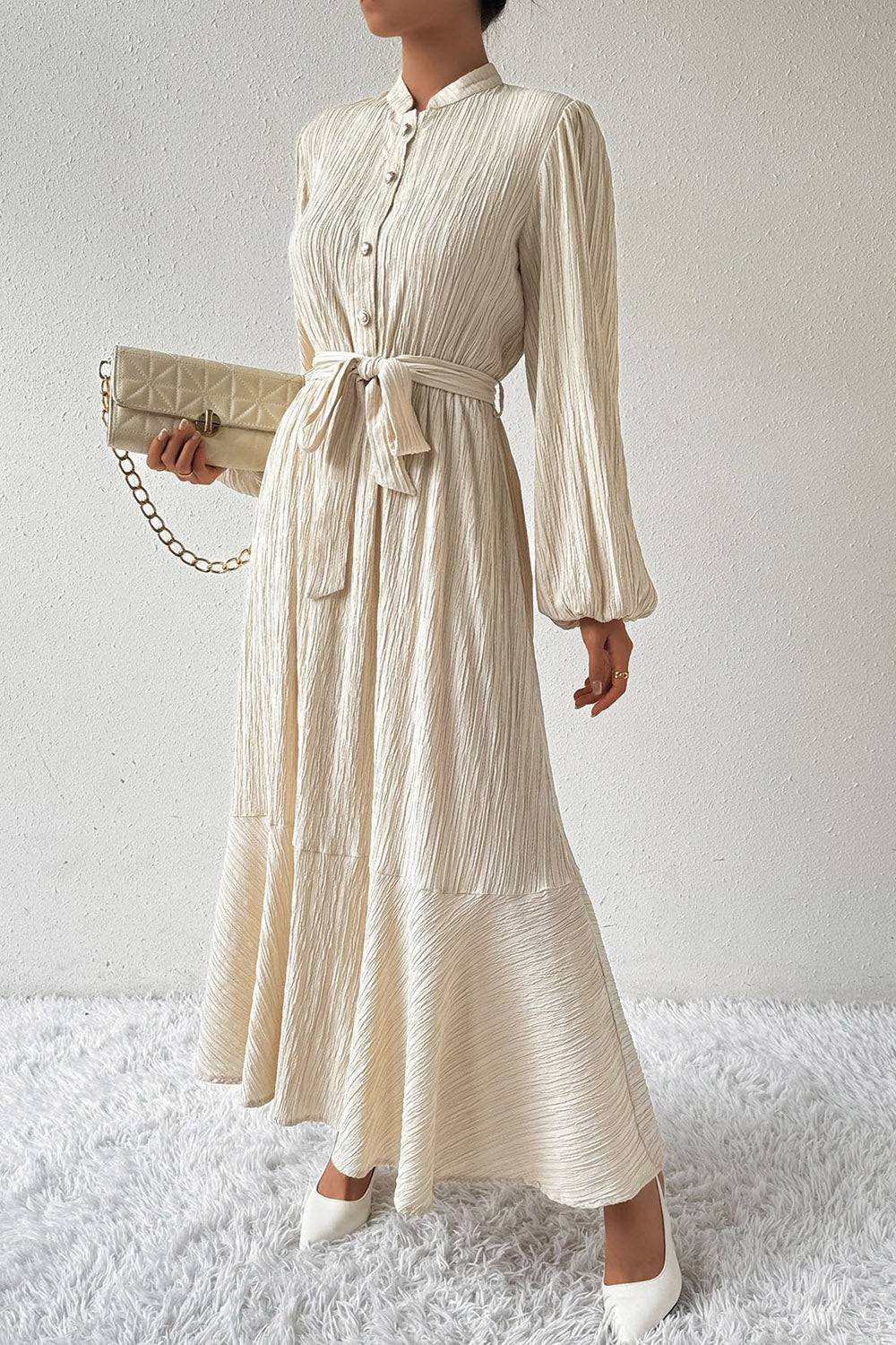 Tied Button Up Balloon Sleeve Dress - Siennasass