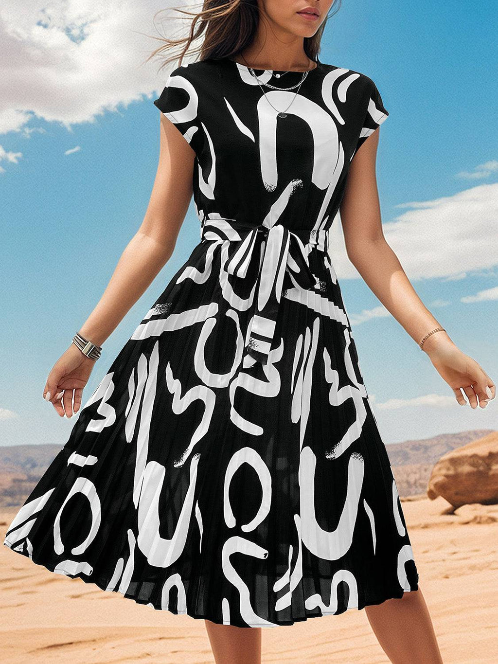 Printed Cap Sleeve Tie Waist Dress - Siennasass