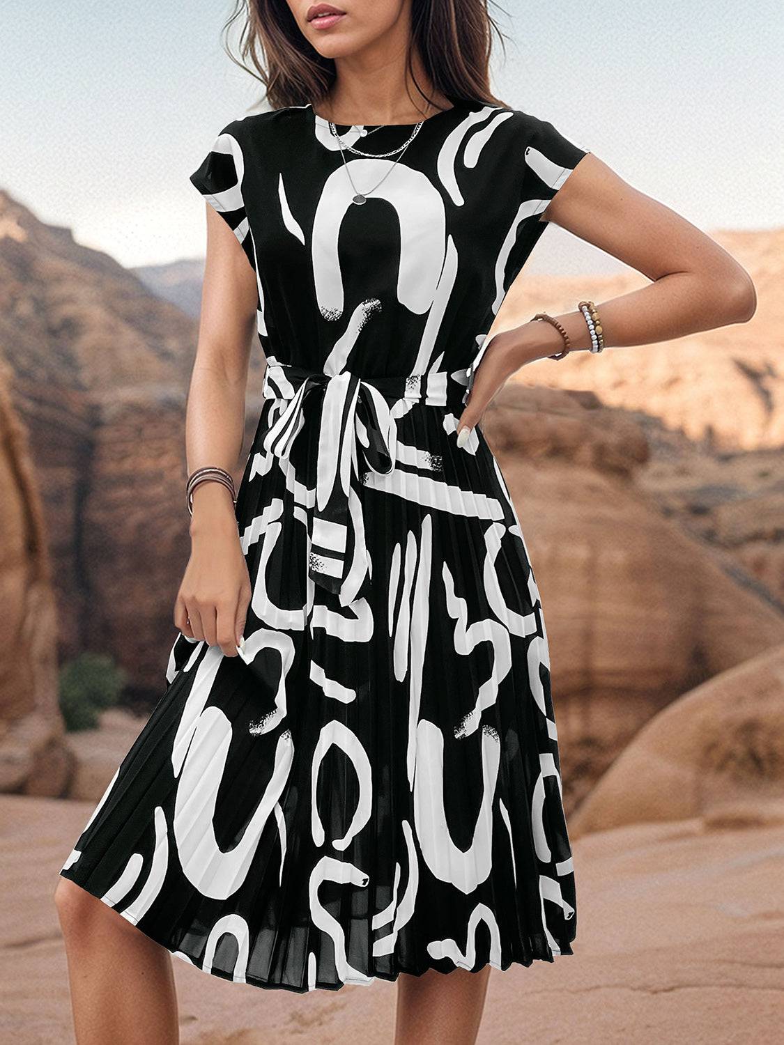 Printed Cap Sleeve Tie Waist Dress - Siennasass