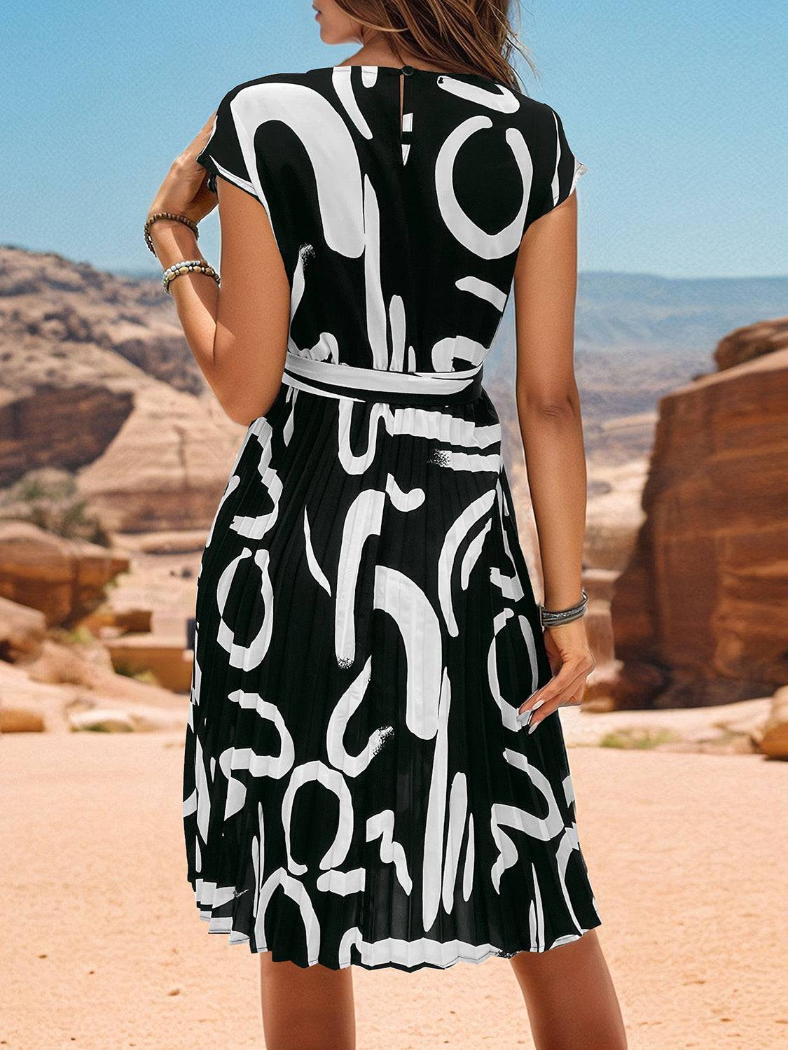 Printed Cap Sleeve Tie Waist Dress - Siennasass