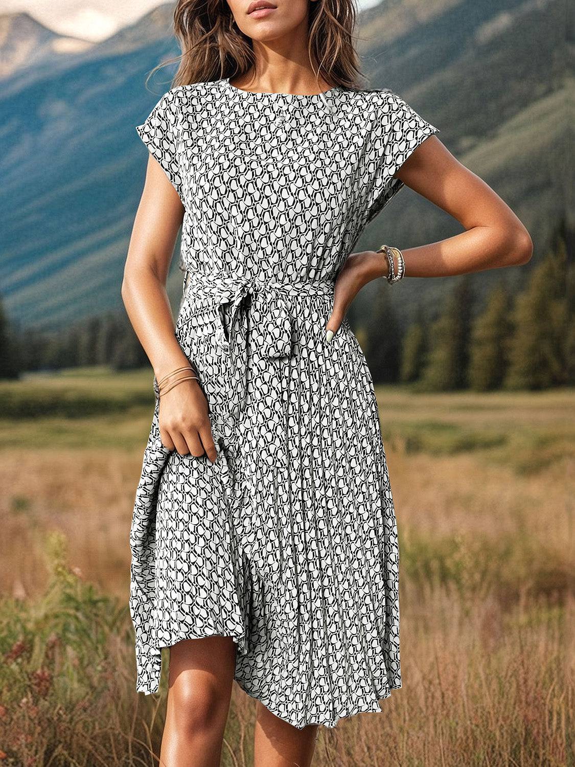 Printed Cap Sleeve Tie Waist Dress - Siennasass