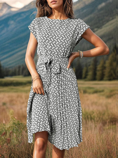 Printed Cap Sleeve Tie Waist Dress - Siennasass