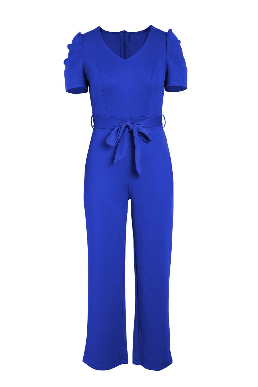 Belted Puff Sleeve V-Neck Jumpsuit - Siennasass