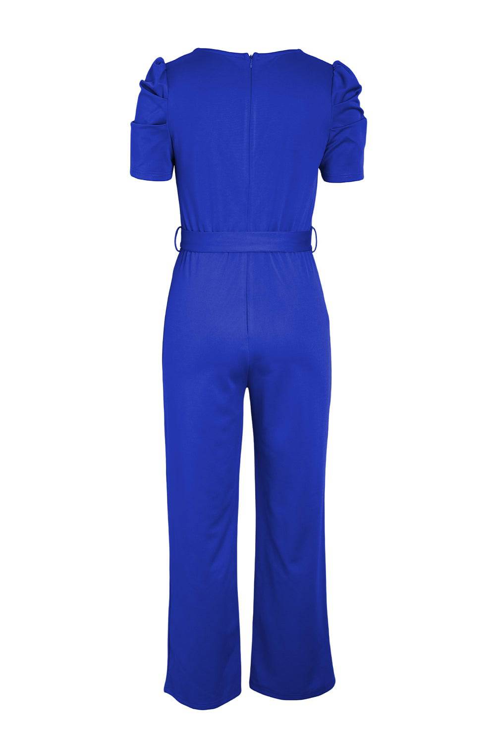Belted Puff Sleeve V-Neck Jumpsuit - Siennasass