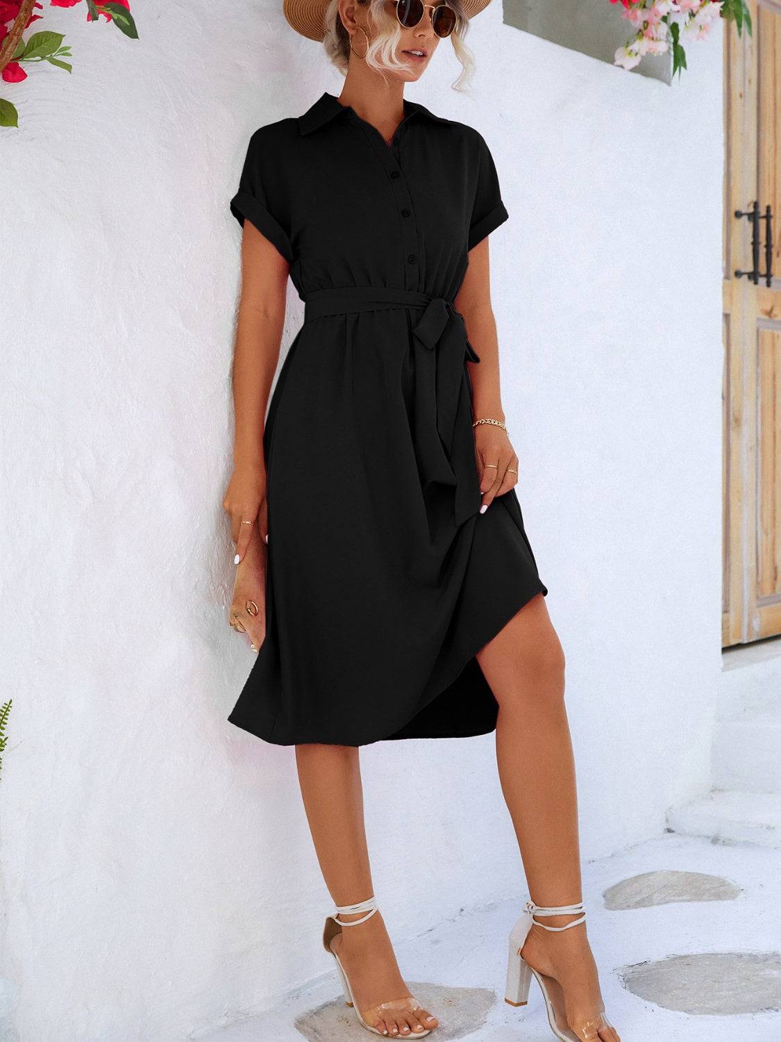Buttoned Tie Waist Short Sleeve Dress - Siennasass