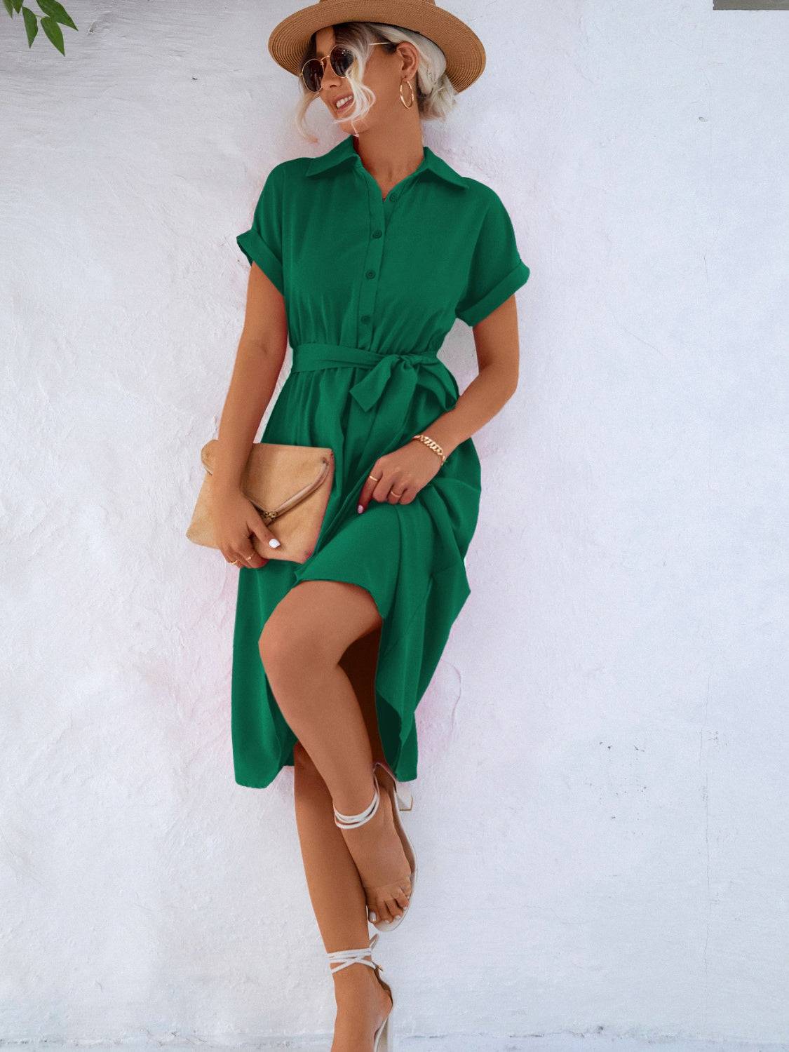 Buttoned Tie Waist Short Sleeve Dress - Siennasass