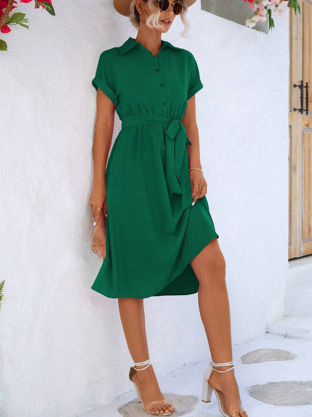 Buttoned Tie Waist Short Sleeve Dress - Siennasass