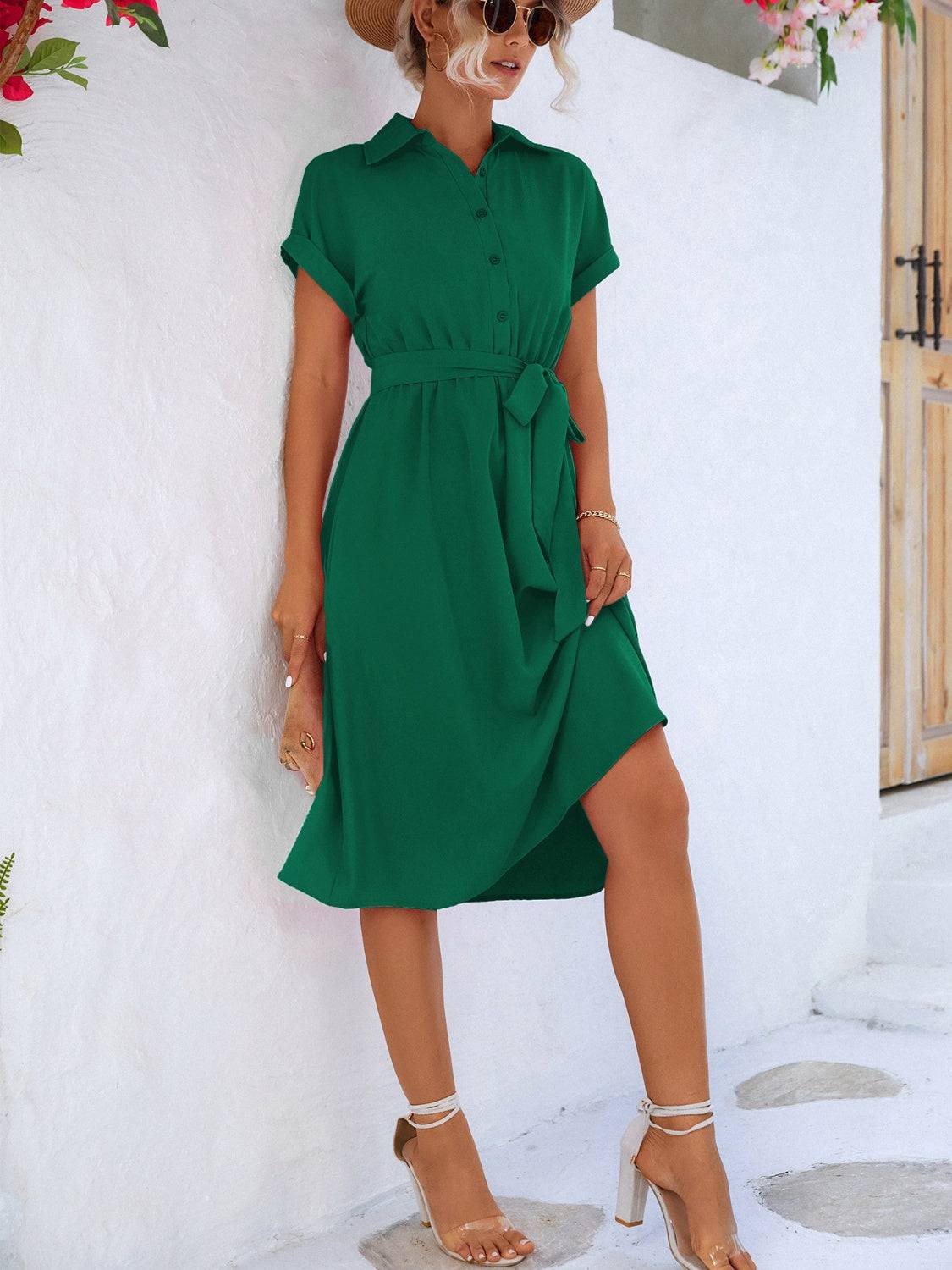 Buttoned Tie Waist Short Sleeve Dress - Siennasass