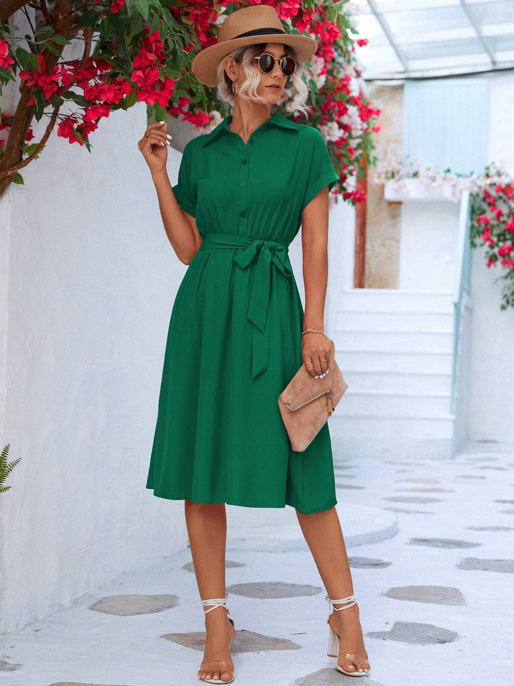 Buttoned Tie Waist Short Sleeve Dress - Siennasass