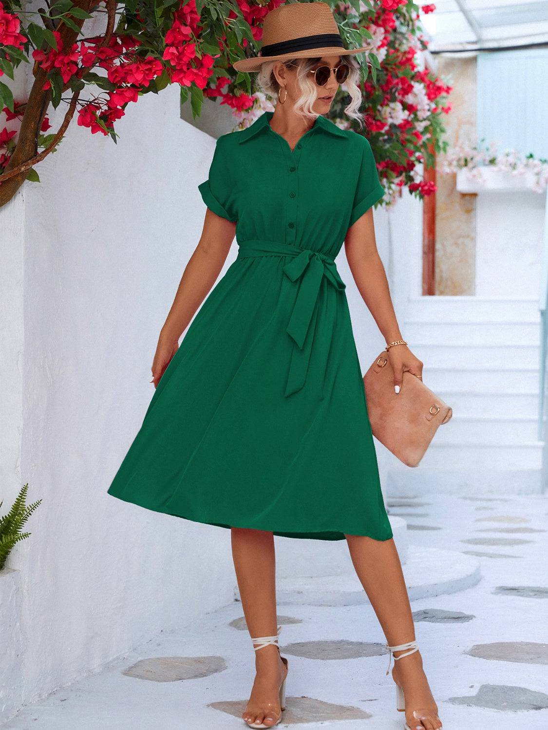 Buttoned Tie Waist Short Sleeve Dress - Siennasass