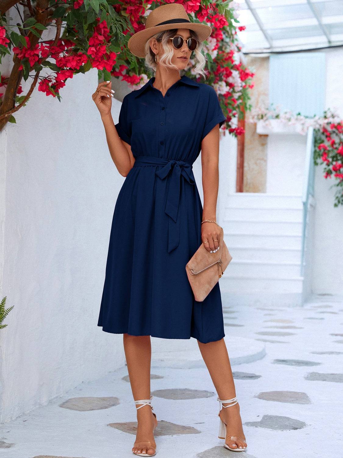 Buttoned Tie Waist Short Sleeve Dress - Siennasass