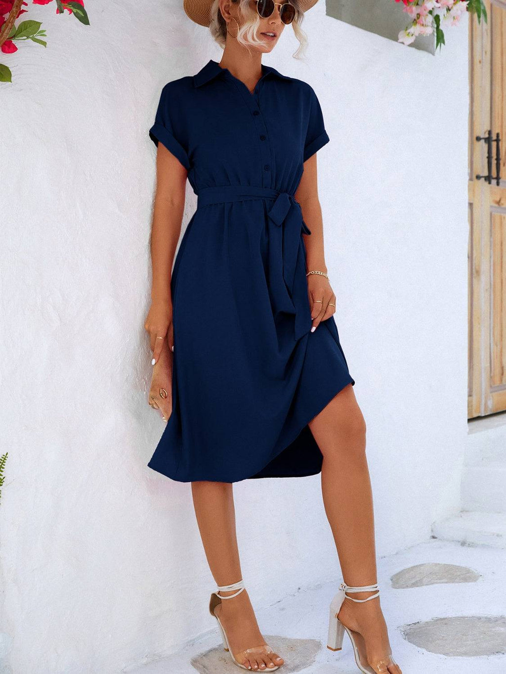 Buttoned Tie Waist Short Sleeve Dress - Siennasass